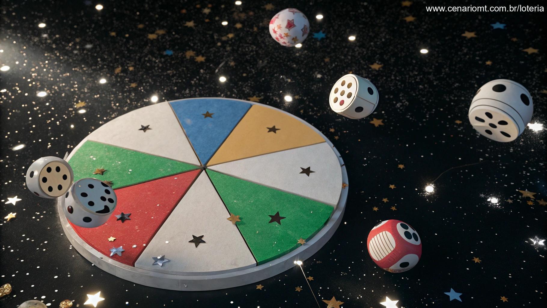 Gráfico 3D de pizza com bolas de loteria e trevos da sorte no espaço