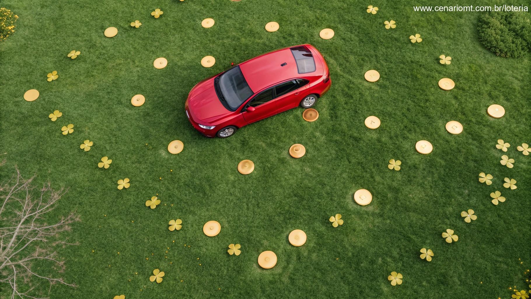 Carro vermelho com moedas e símbolos de sorte em cenário de inspiração lotérica