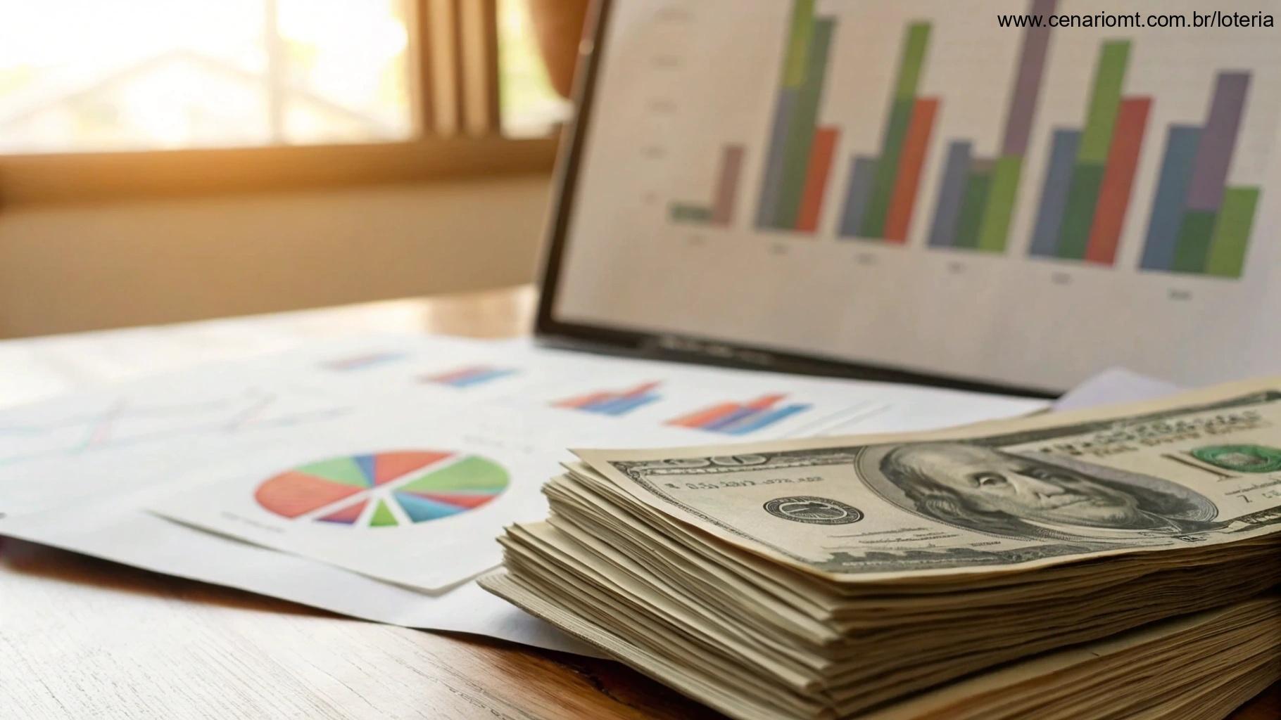 Pilha de dinheiro cercada por gráficos coloridos de estatísticas financeiras