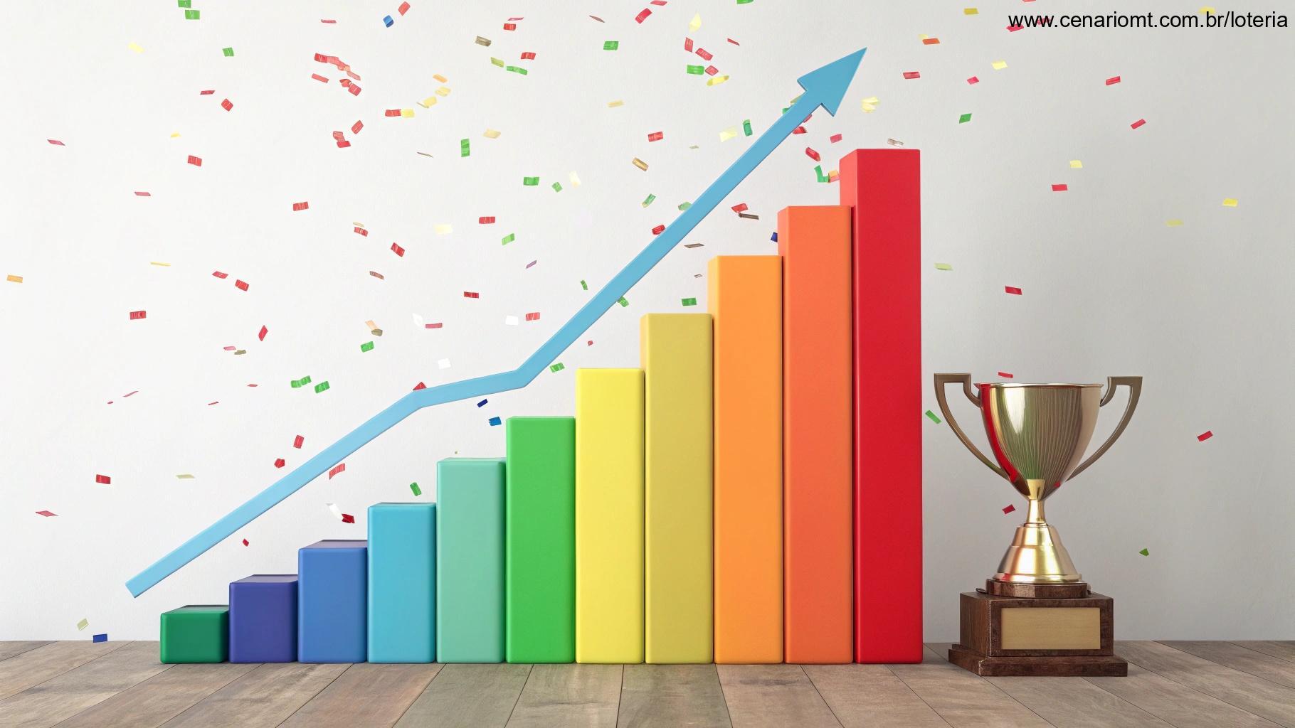 Gráfico 3D colorido com troféu e confetes, representando o resultado da Quina