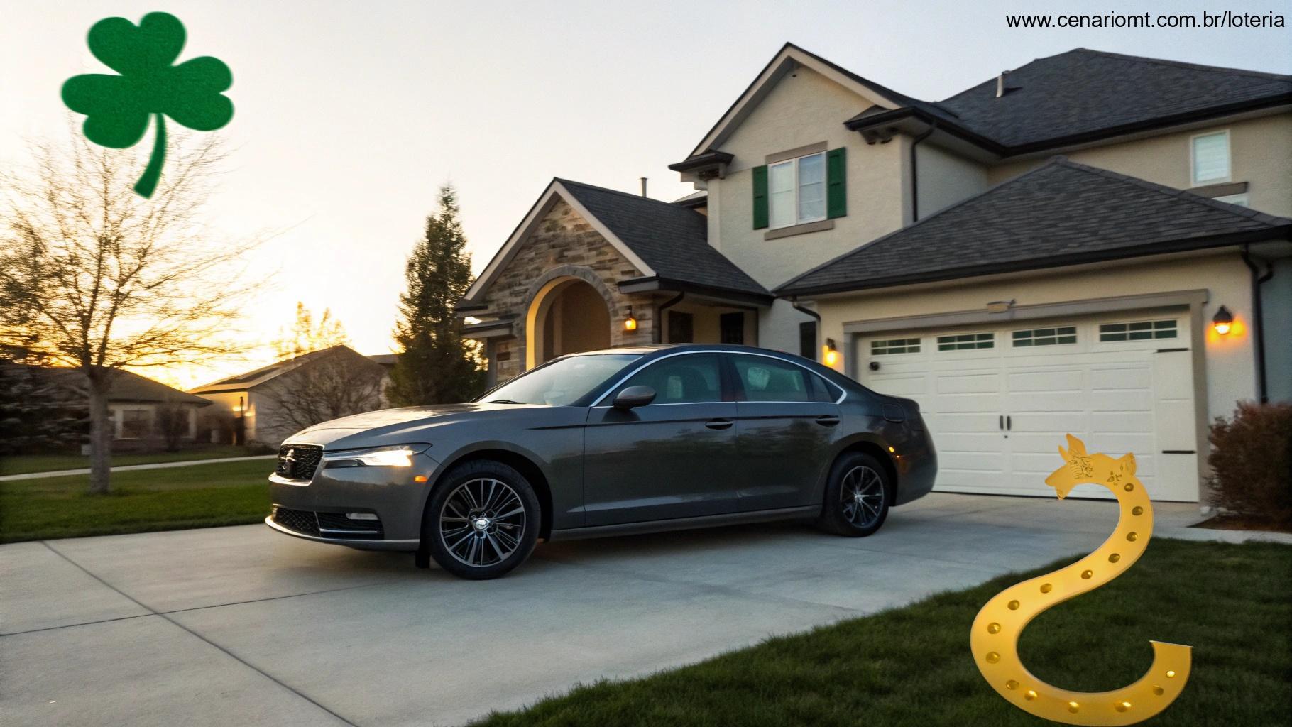 Carro de luxo e casa ao fundo com símbolos de sorte ao redor, tema de prêmio de loteria