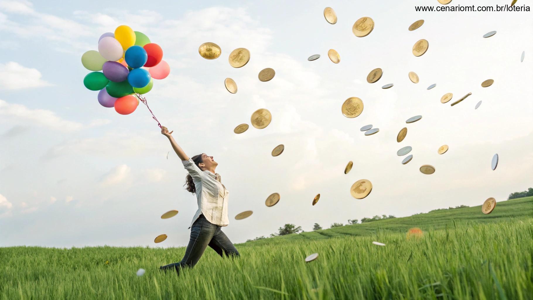 Pessoa feliz comemorando ao ar livre com moedas e gráficos ao fundo