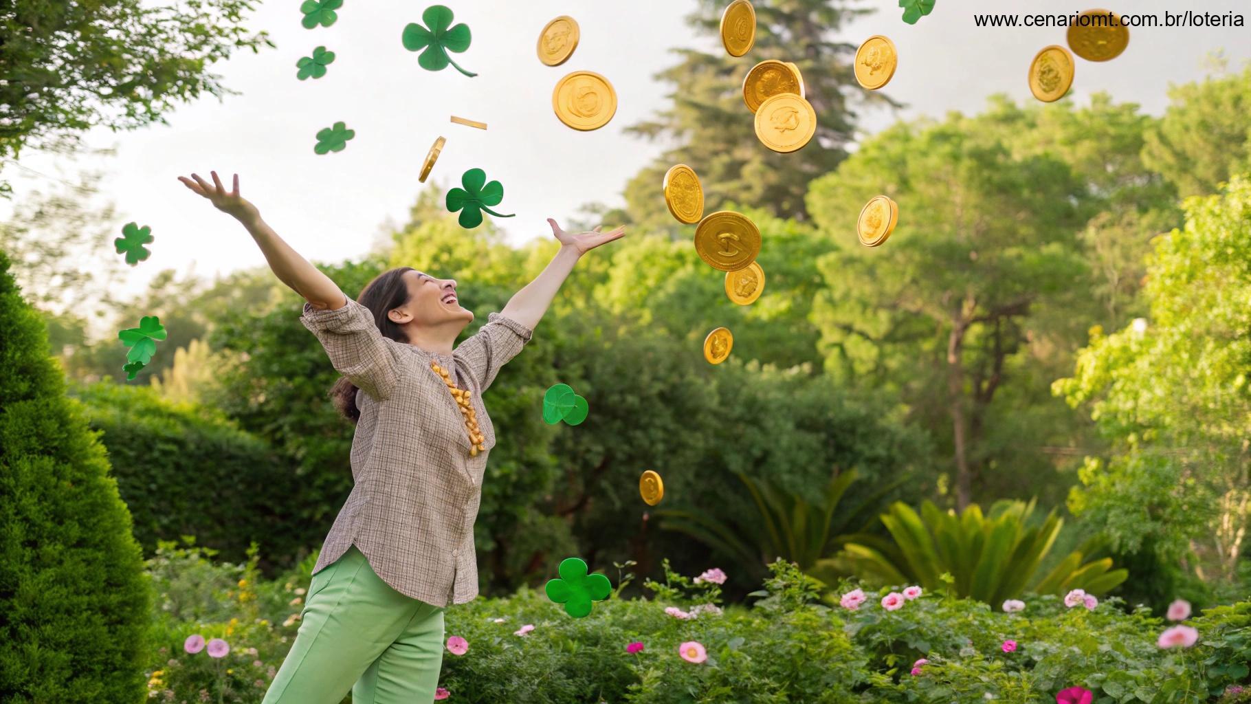 Pessoa feliz comemorando rodeada de moedas douradas e trevos da sorte