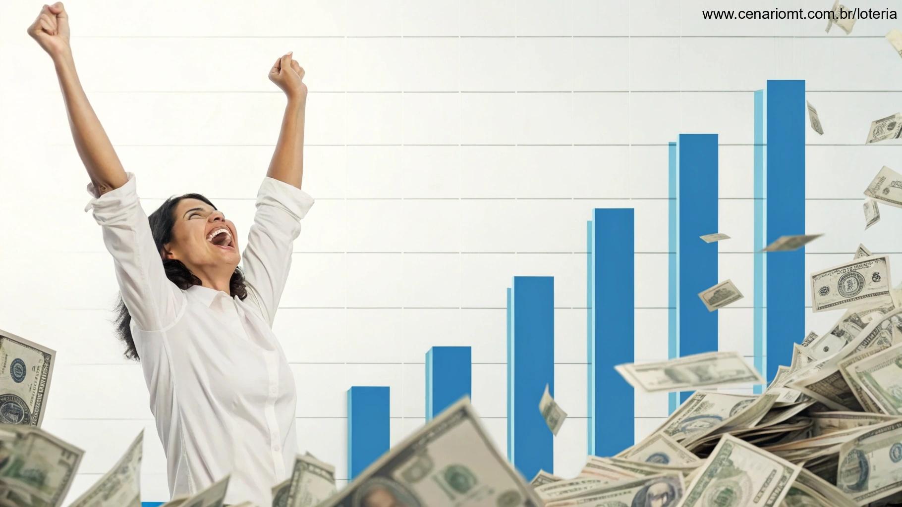 Gráfico de barras com distribuição dos números da Quina, com dinheiro e uma pessoa feliz.