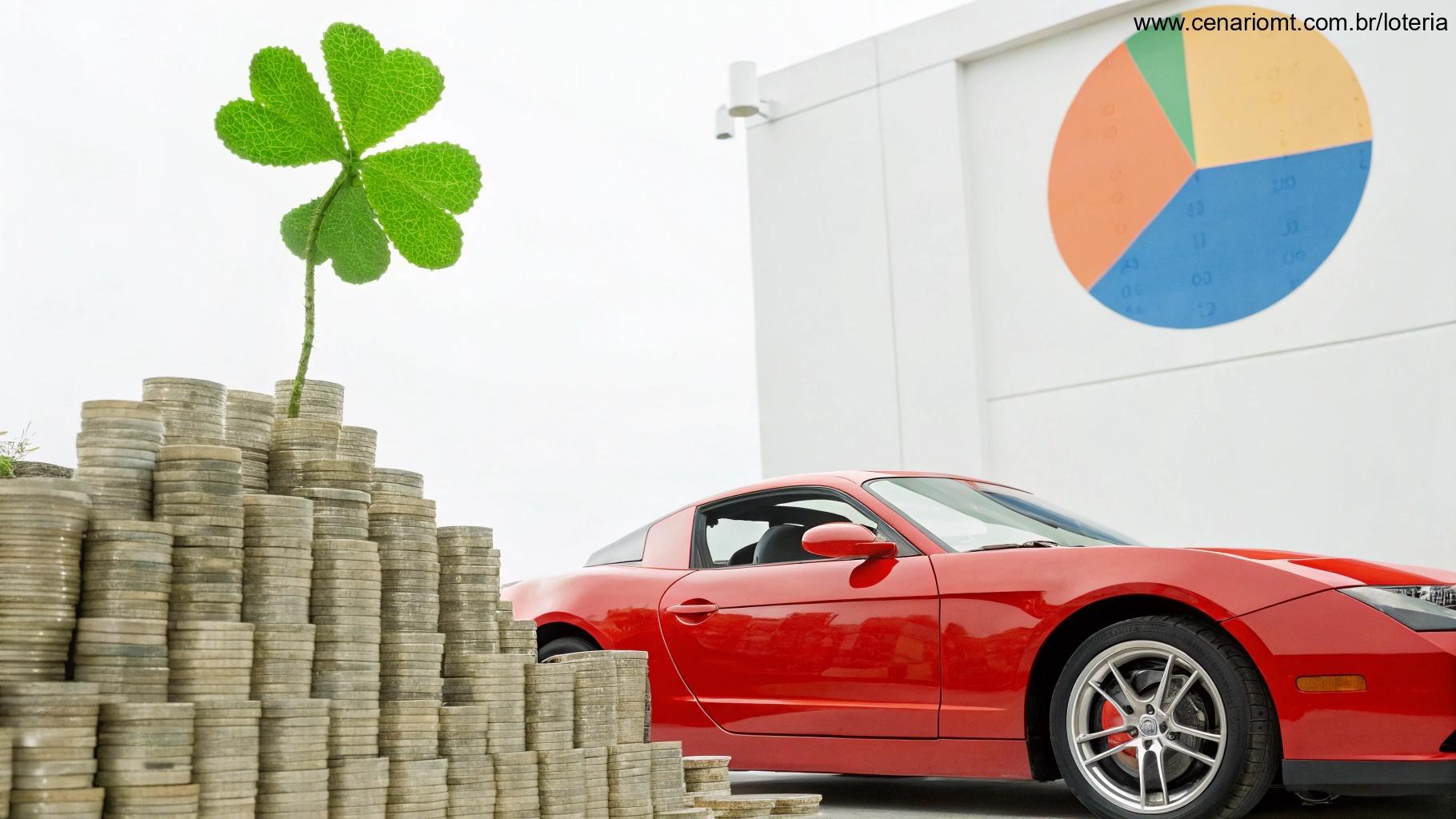 Carro esportivo vermelho com pilhas de dinheiro e trevo da sorte ao fundo