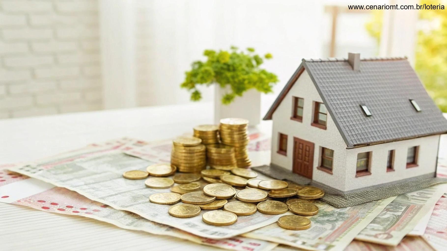 Casa com moedas e bilhetes de loteria em cenário alegre