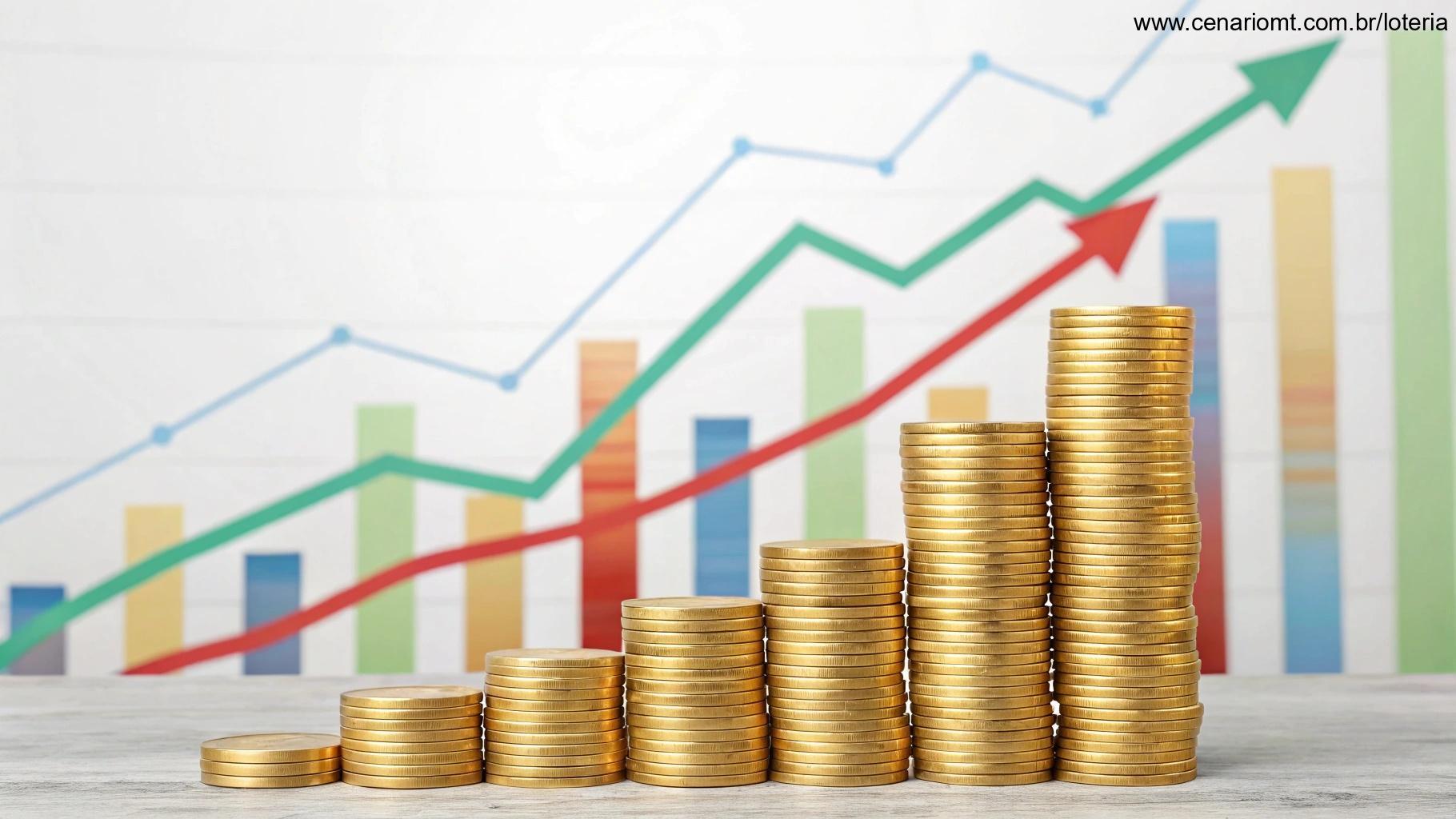 Imagem de gráficos financeiros ascendentes e moedas douradas, representando sucesso
