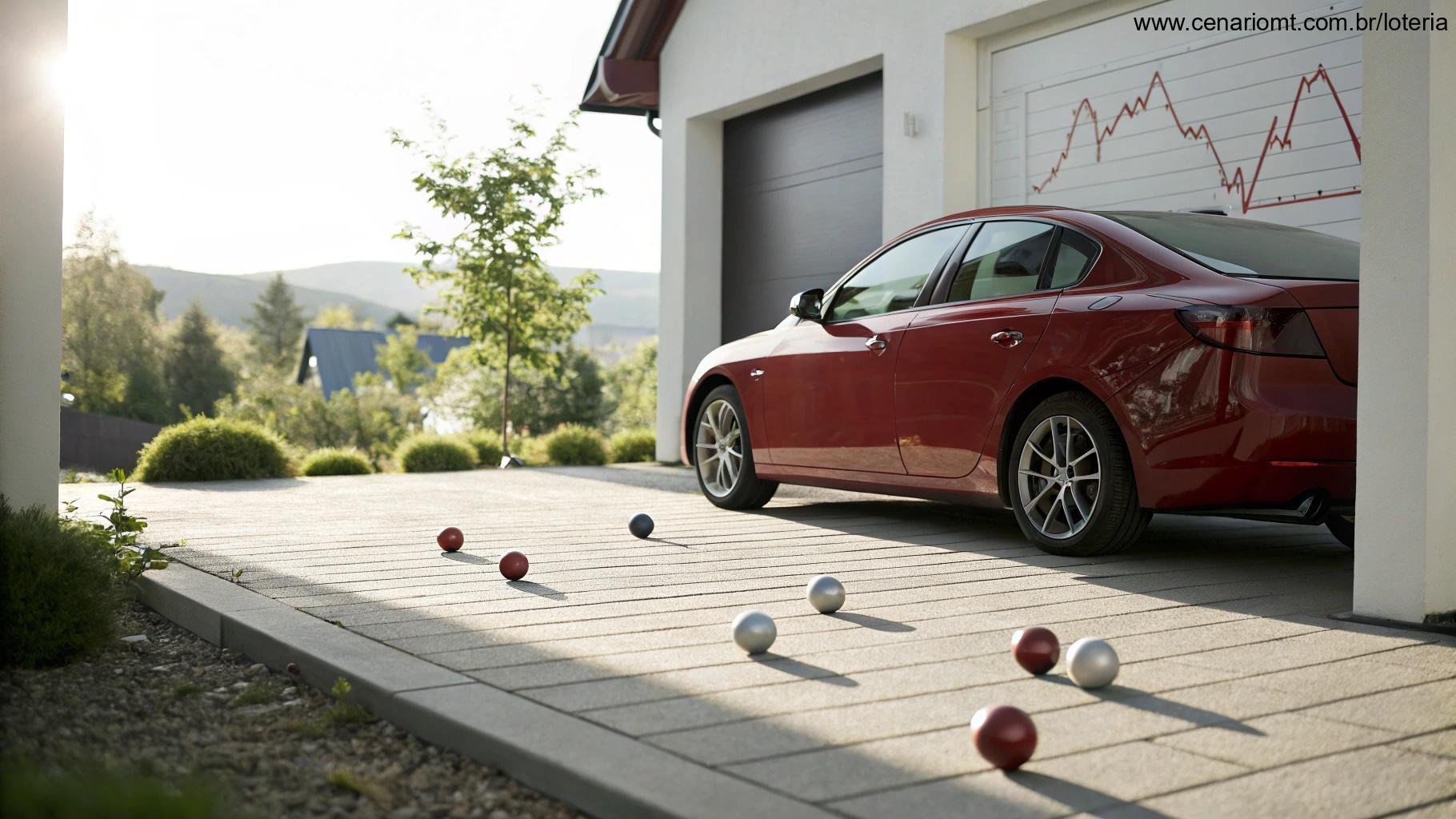 Carro vermelho e bolas de loteria com gráfico de linha ao fundo