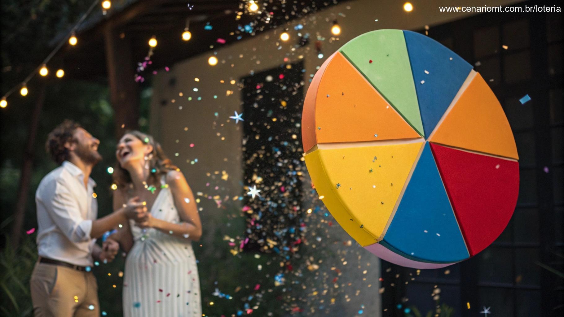 Gráfico de pizza 3D flutuando no ar, com números e estrelas brilhantes, e um casal feliz ao fundo.