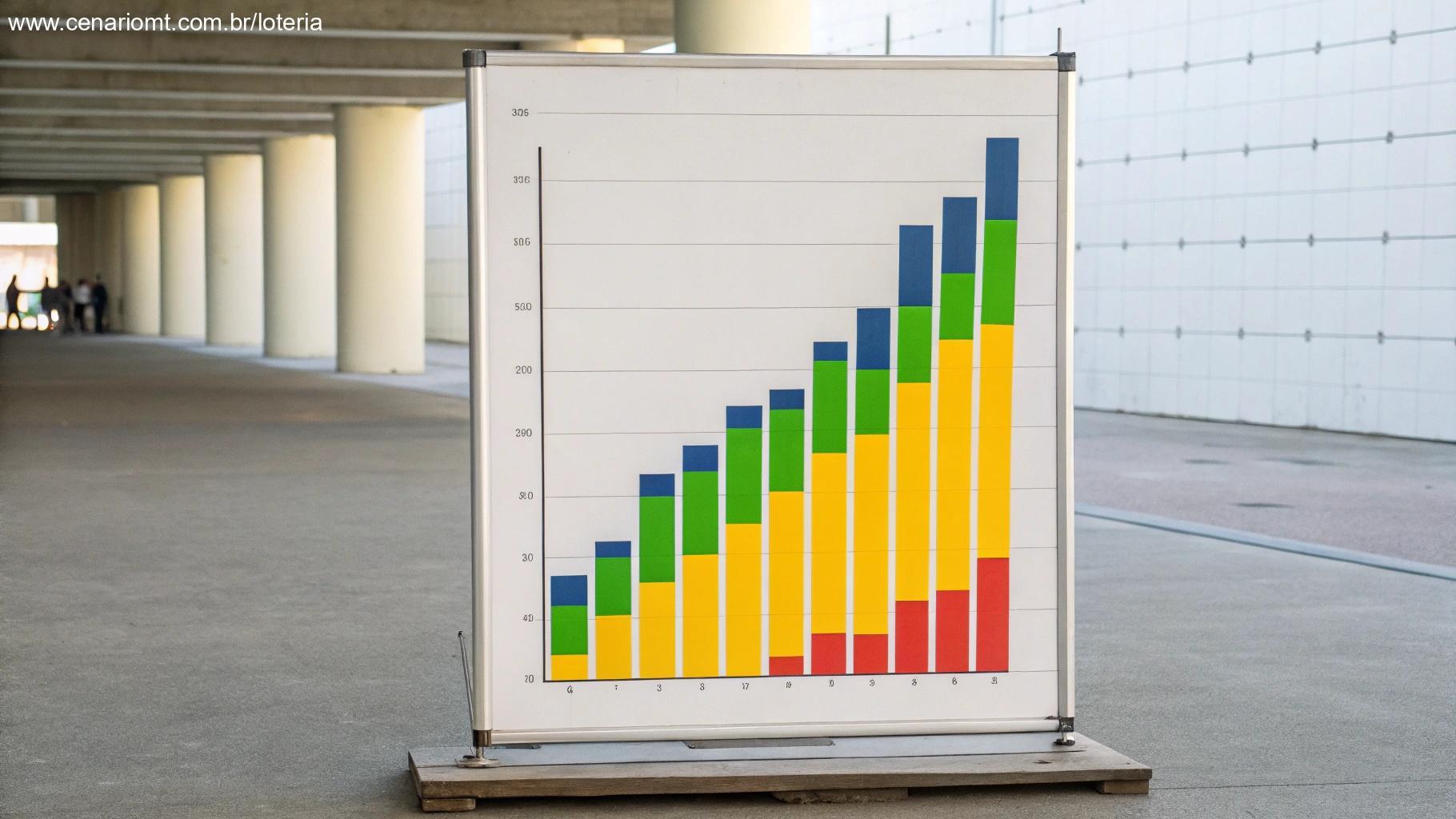 Gráfico mostrando a estimativa de prêmio para o próximo sorteio da loteria com símbolos de riqueza como dinheiro e uma pessoa sorrindo.