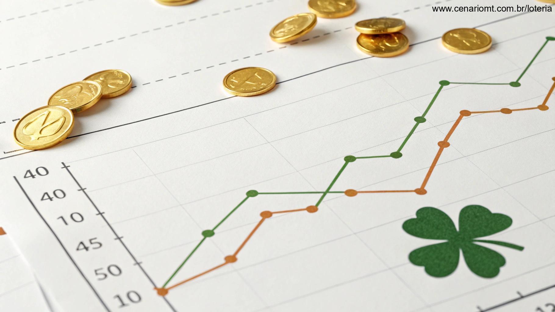 Gráfico dinâmico mostrando os últimos 10 sorteios da loteria com aumento de prêmio ao longo do tempo