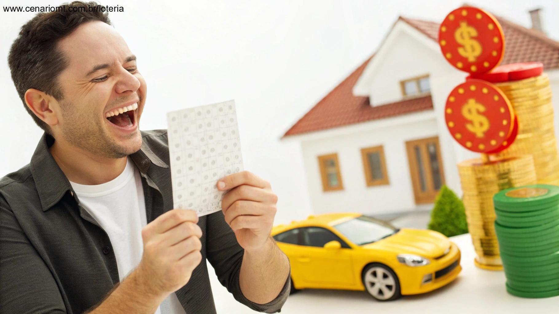 Vencedor feliz segurando um bilhete da loteria com símbolos de sorte como moedas, carro e casa ao redor.