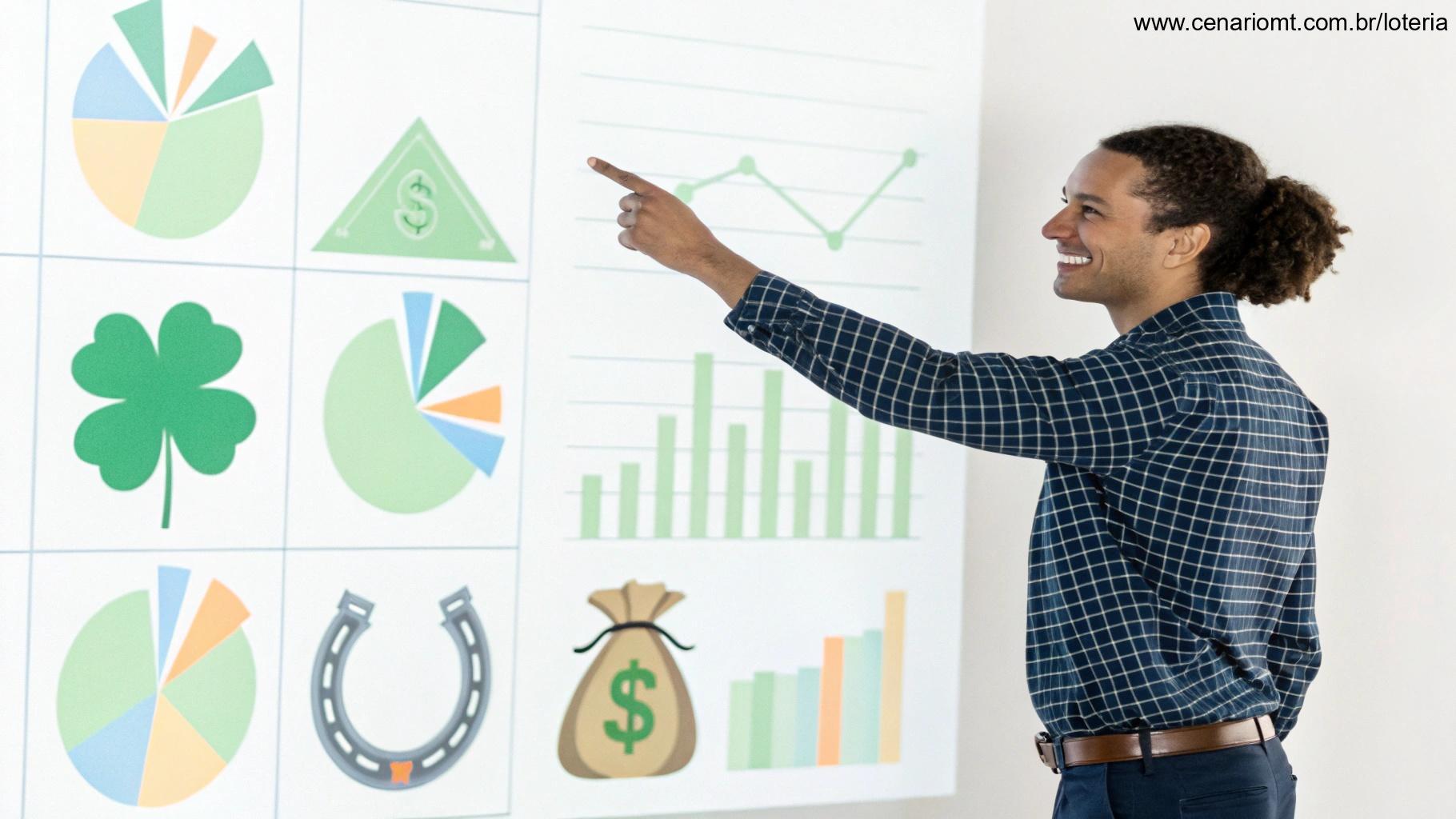 Combinações para o próximo sorteio da Loteria Federal com gráficos, dinheiro e símbolos de sorte