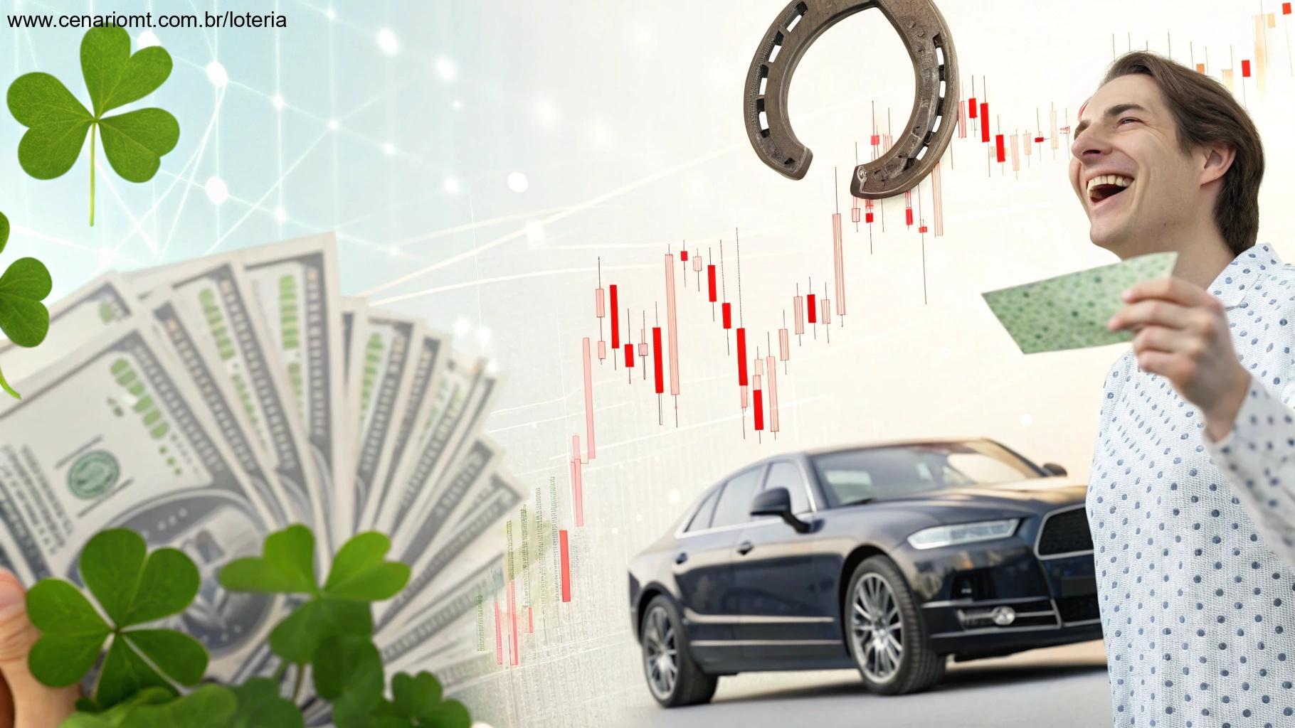 Pessoa feliz segurando bilhete de loteria, com gráficos financeiros, carro de luxo e símbolos de sorte, ilustrando o palpite do dia para Mais Milionária.