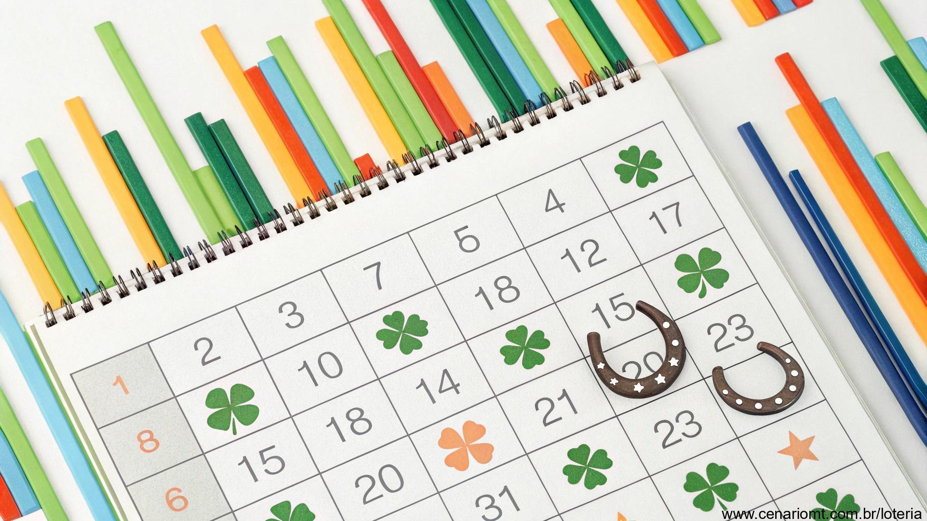 Ilustração de calendário destacando os dias de sorteio da Super Sete, com gráficos coloridos e símbolos de sorte como ferraduras e trevos, design alegre e brilhante