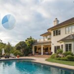 Casa moderna de luxo com piscina e gráficos estatísticos no céu, ilustrando o resultado da Mega Sena de hoje: concurso 2863 em 15/05/2025 promete prêmio de R$ 60M
