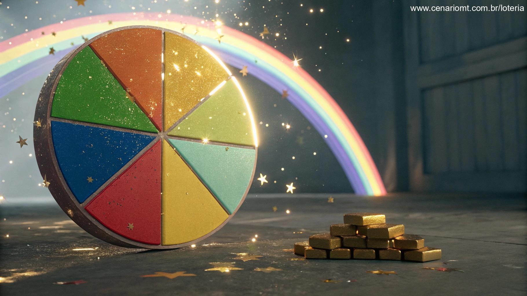 Gráfico de pizza 3D flutuando no ar, com seções coloridas representando números da loteria, estrelas cintilantes e barras de ouro.
