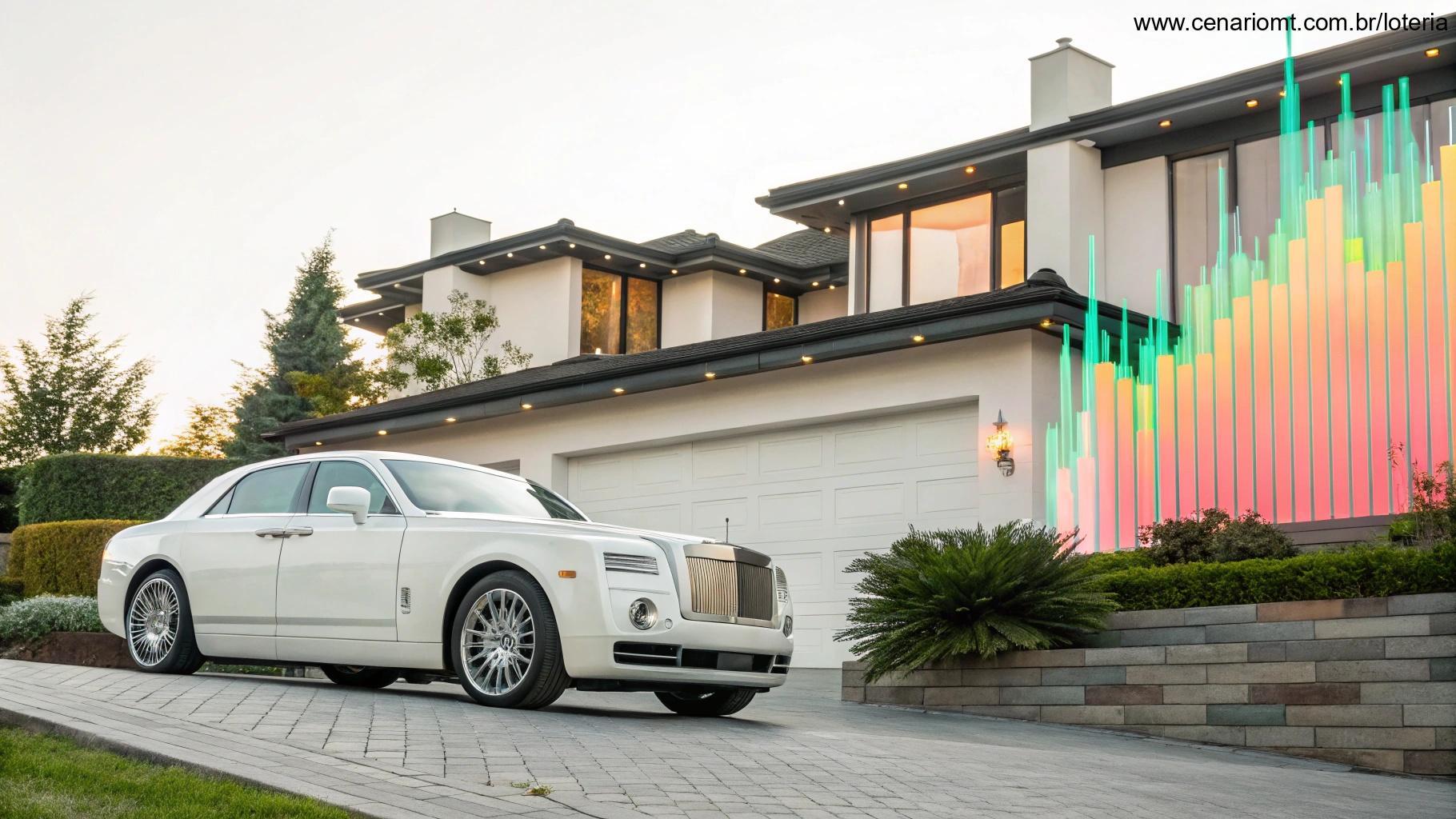 Carro de luxo em frente a casa moderna com gráficos ao fundo