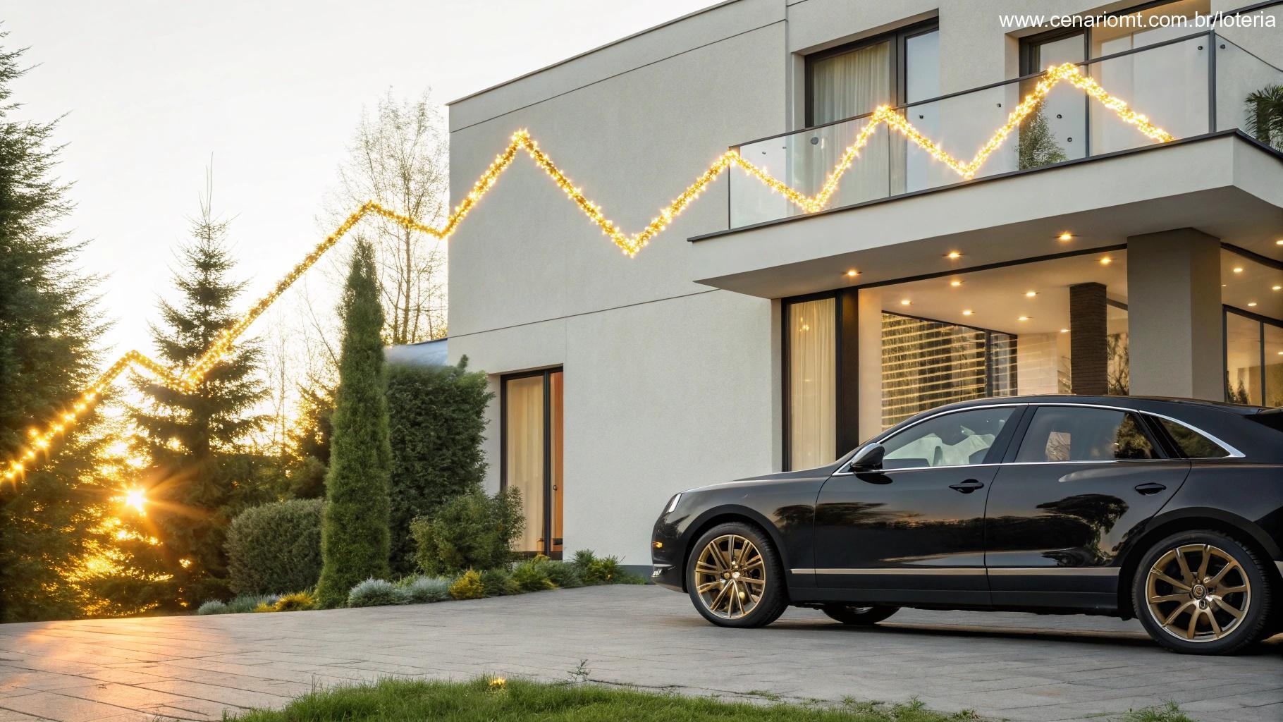 Carro de luxo em frente a uma casa moderna com gráfico ao fundo