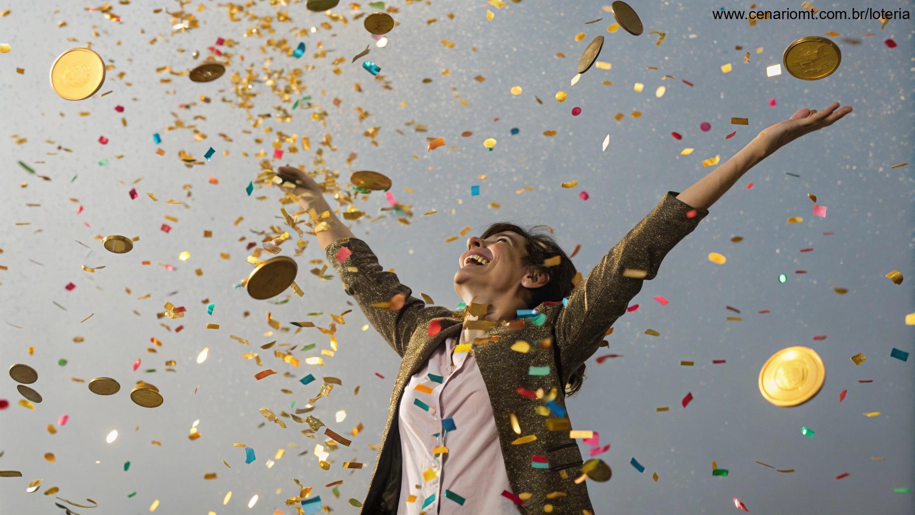 Pessoa feliz comemorando prêmio da Dia de Sorte com dinheiro ao redor