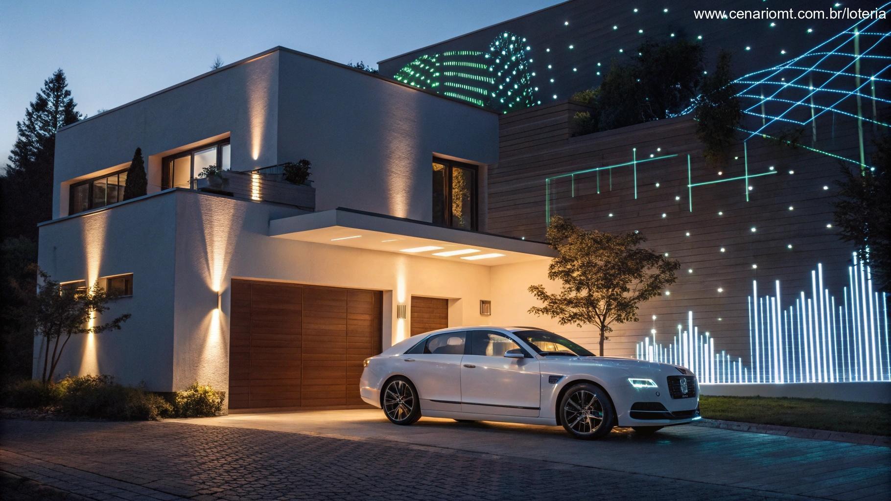 Carro de luxo em frente a uma casa moderna com elementos gráficos de estatísticas da Dupla Sena