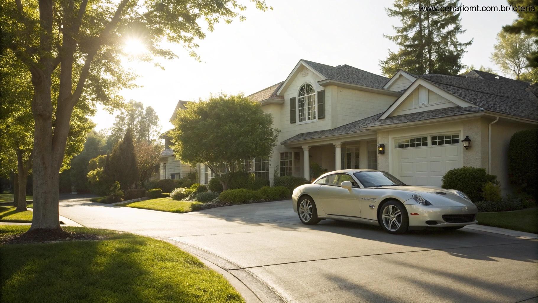 Carro esportivo em frente a uma casa simbolizando prêmio de loteria