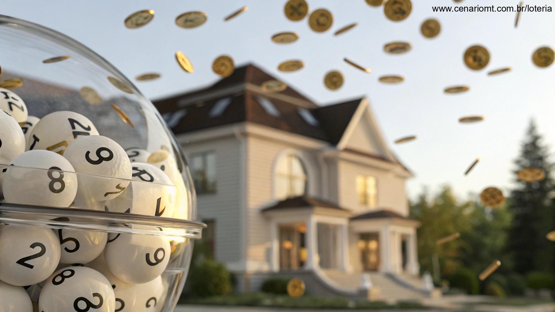Sorteio com globo e bolas numeradas ao fundo de uma casa luxuosa