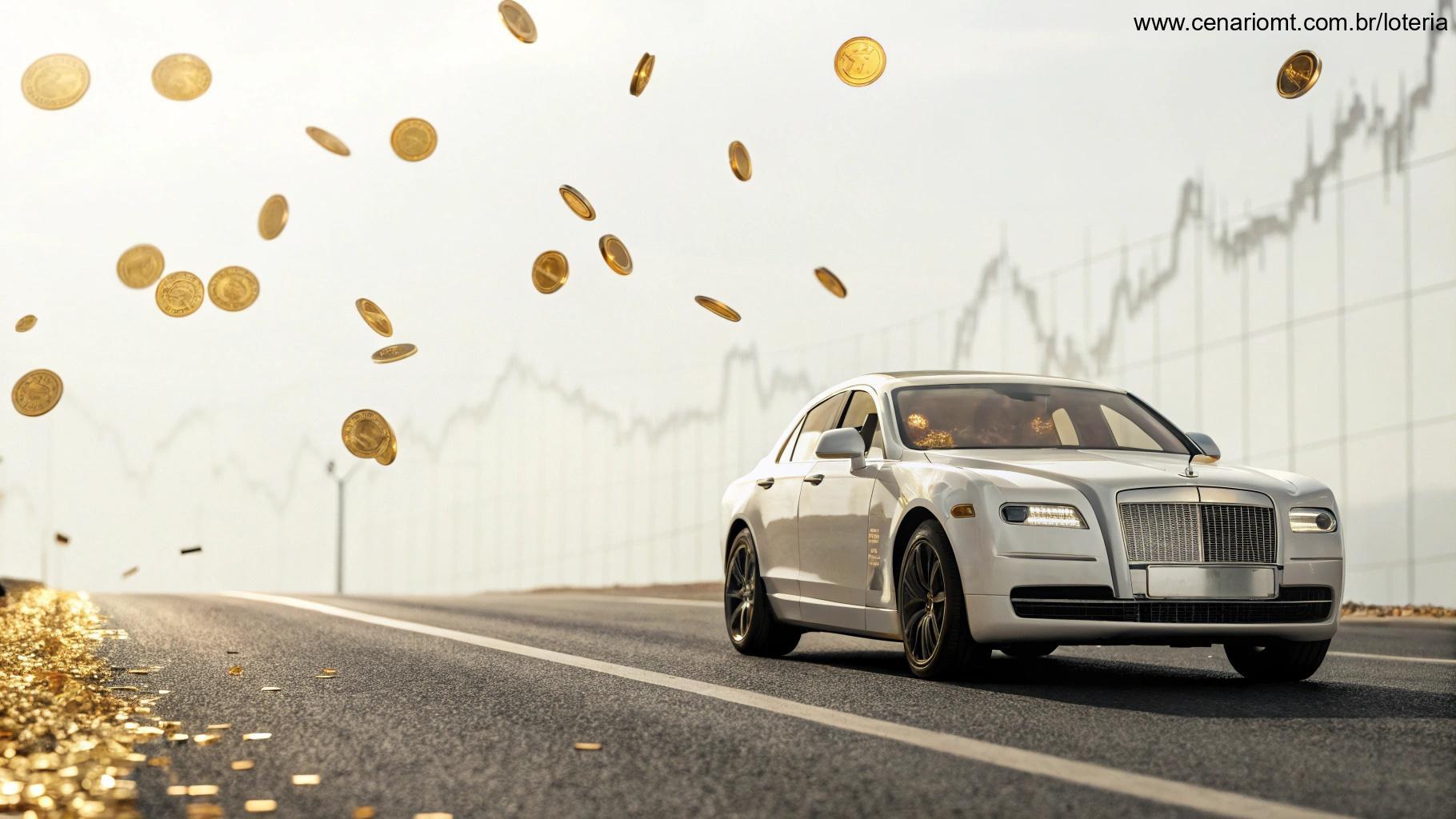 Carro de luxo com moedas douradas flutuando representando o resultado do concurso da Loteria Federal 5963
