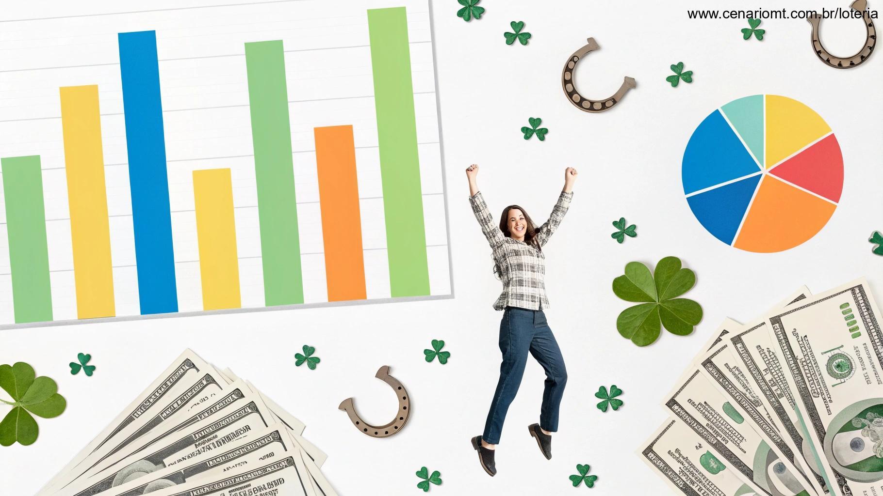 Imagem infográfica com resultados da loteria 5967, gráficos coloridos, pilhas de dinheiro, pessoa feliz comemorando e símbolos de sorte discretos