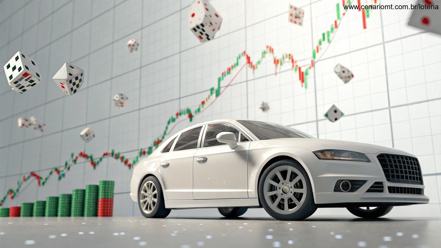Carro representando prêmio de loteria com gráficos de dados estatísticos ao redor