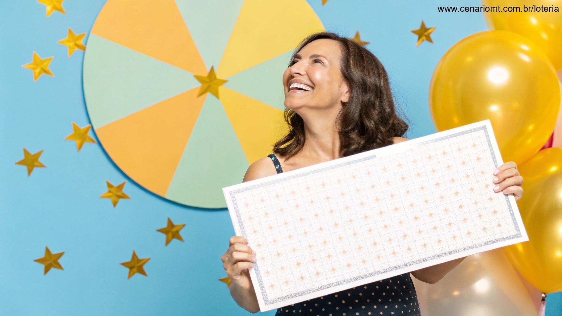 Mulher feliz segurando bilhete de loteria, com gráfico de pizza ao fundo.