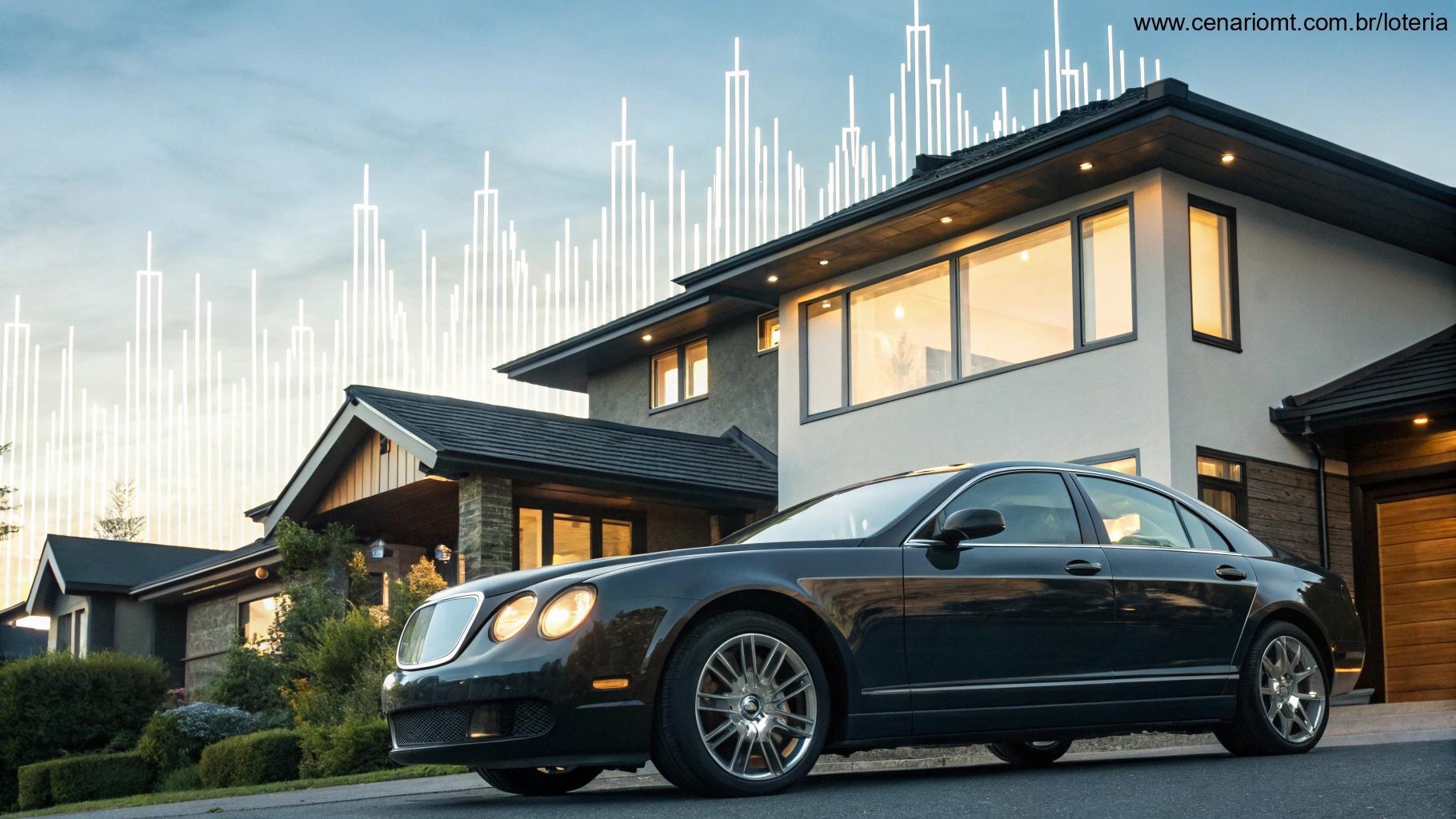 Carro de luxo em frente a uma casa moderna com gráficos sutis no céu