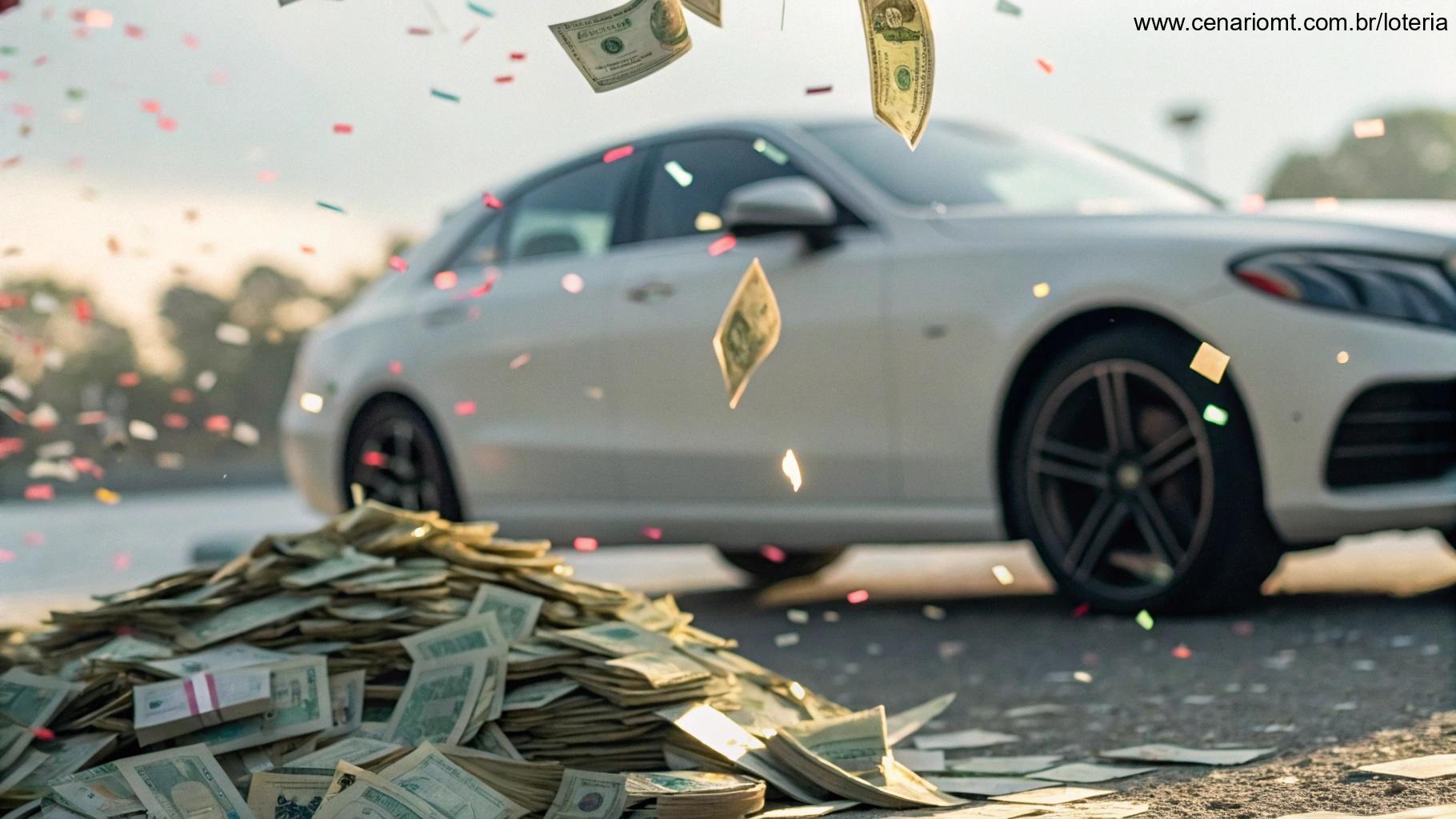 Dinheiro e carro moderno simbolizando a premiação da Lotomania