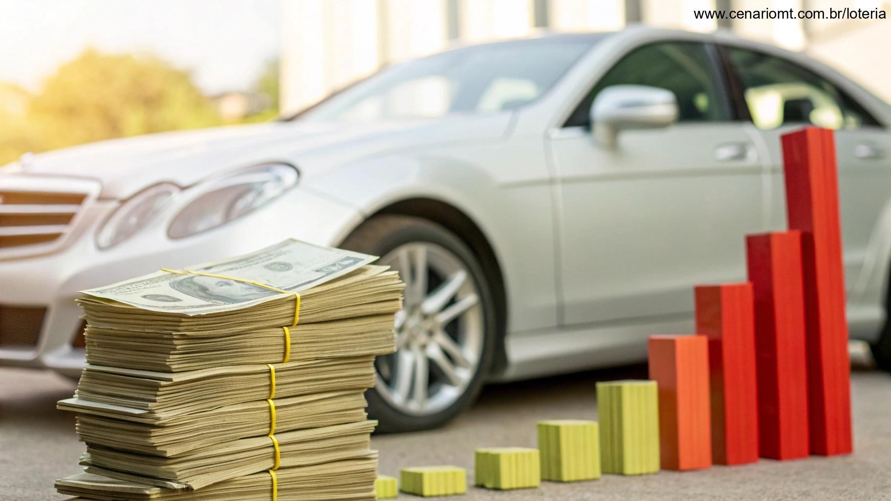 Dinheiro em cédulas ao lado de gráfico crescente e carro moderno
