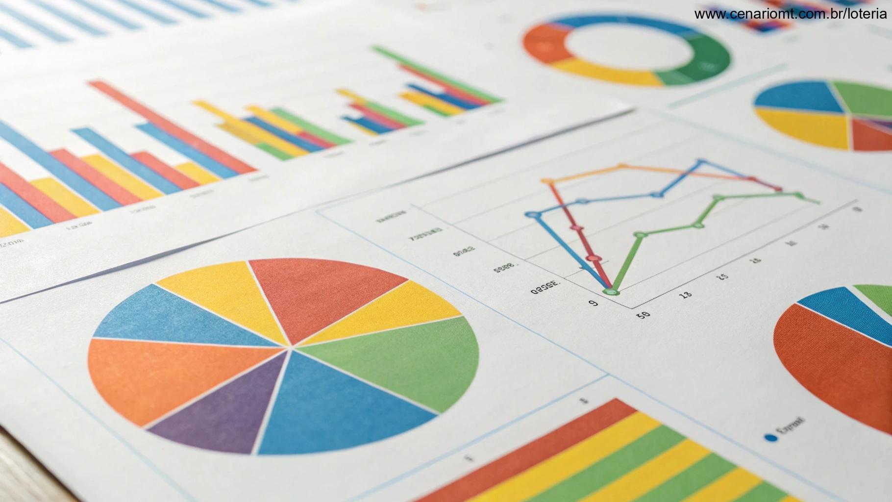 Infográfico colorido com gráficos de dados representando resultados de loteria
