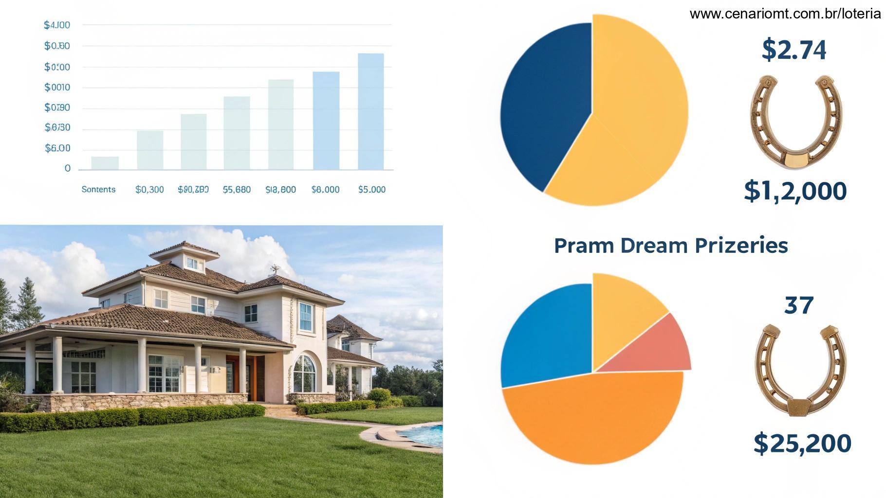 Infográfico com gráficos de barras e pizza, casa de luxo ao lado, mostrando resultados do concurso 251 da Mais Milionária.