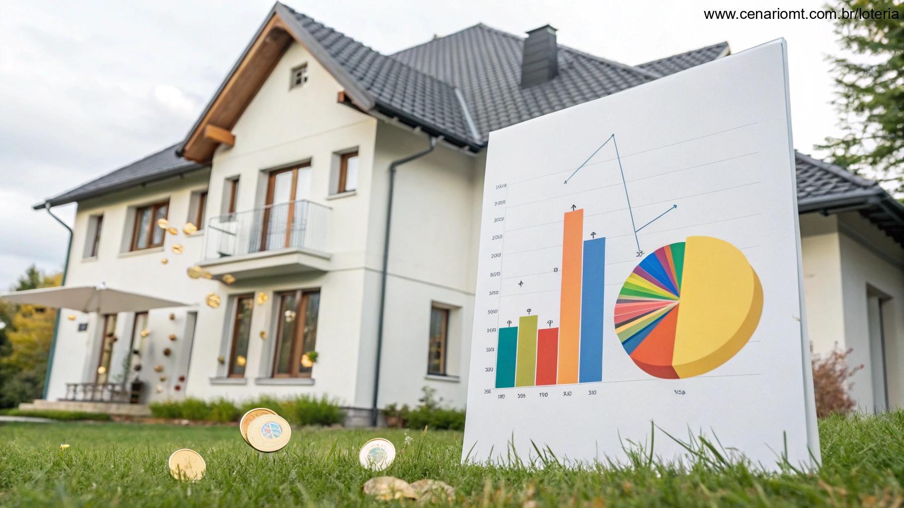 Gráficos de barras e pizza coloridos com uma casa moderna ao fundo e moedas da sorte, ilustrando o resultado do concurso 254 da Mais Milionária.
