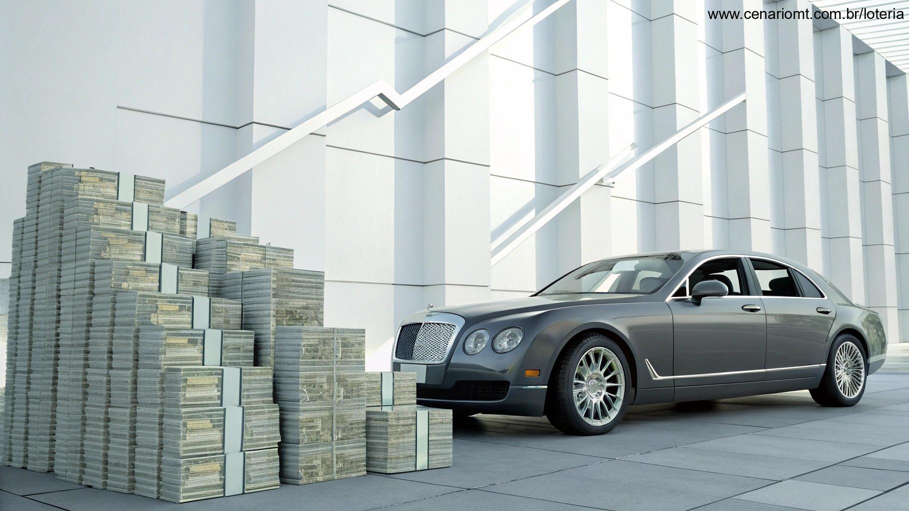 Ilustração moderna de um carro de luxo com pilhas de dinheiro representando o prêmio do concurso da Quina 6727.