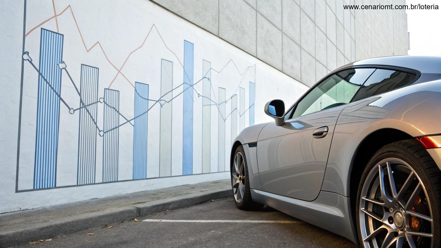 Carro esportivo ao lado de gráficos de estatísticas sobre chances de ganhar na Quina.