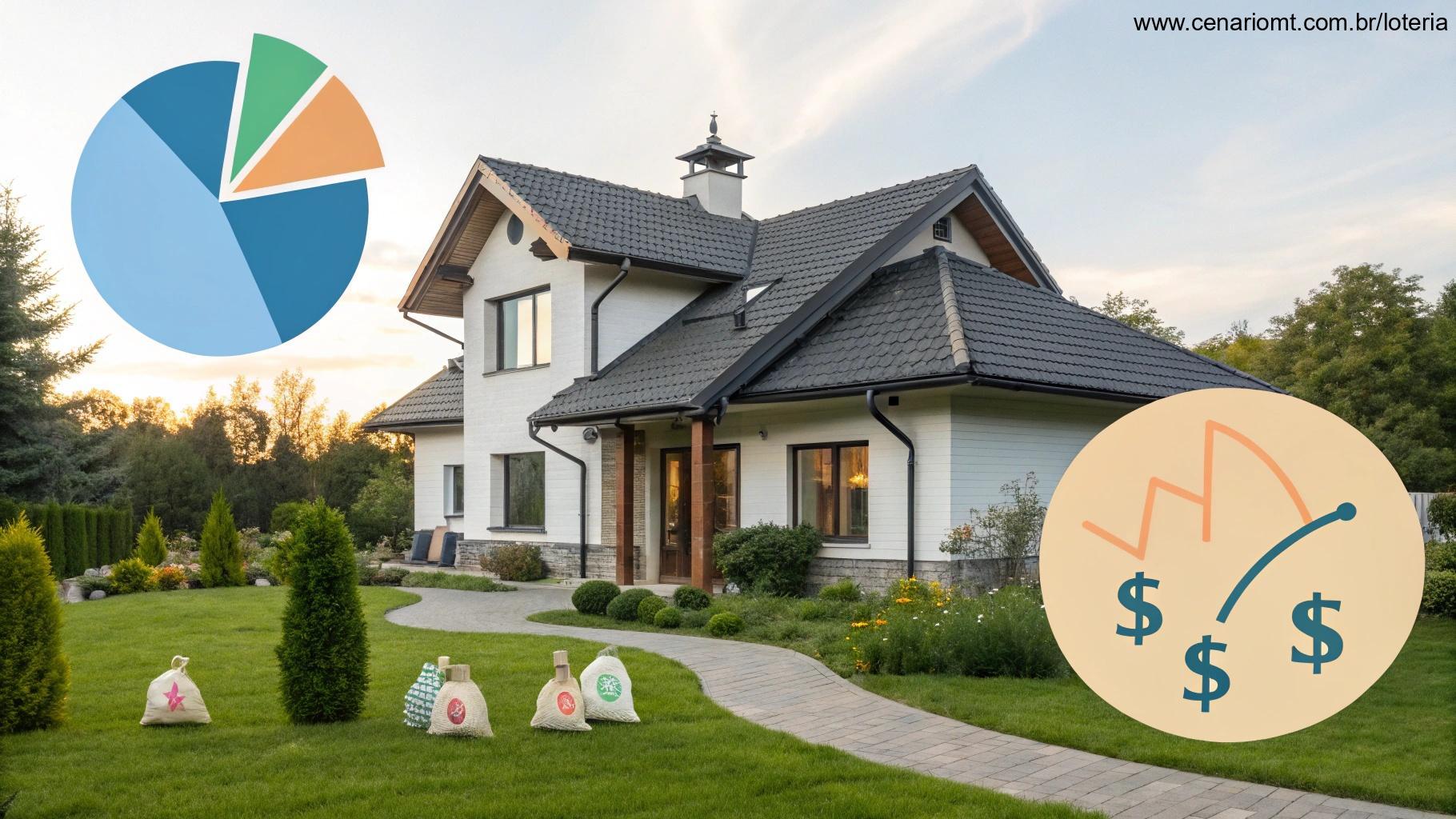 Casa moderna com jardim e gráficos de estatísticas da Quina