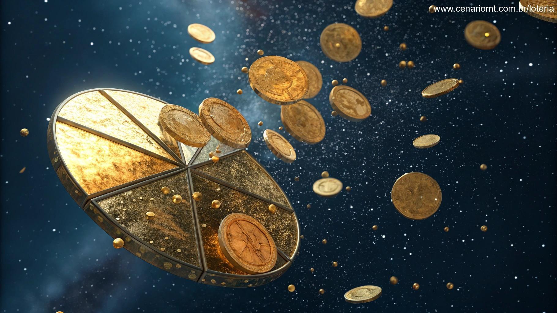 Gráfico de pizza abstrato feito de moedas de ouro com bolas de loteria