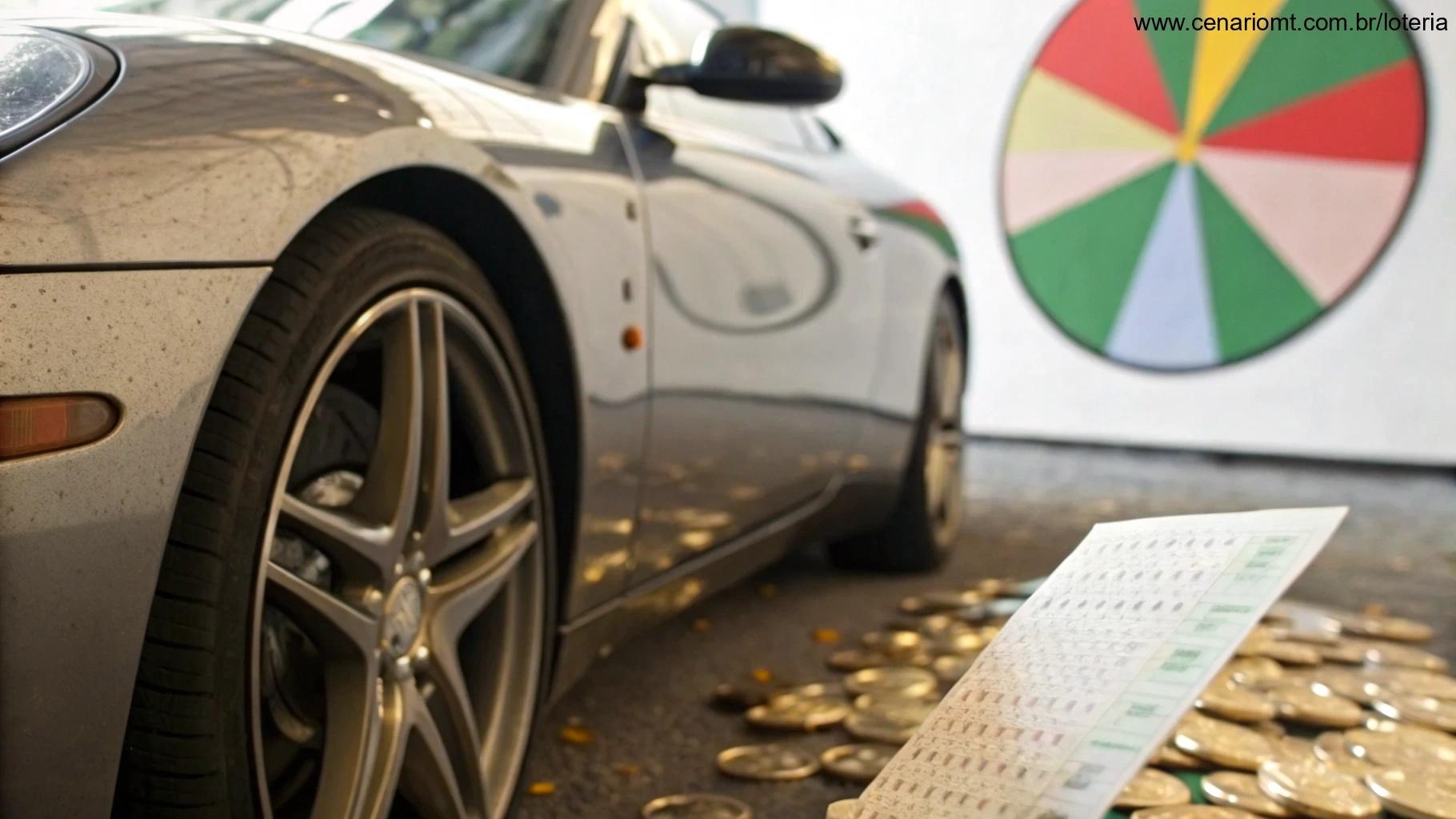 Bilhete de loteria ao lado de carro esportivo com elementos estatísticos ao fundo