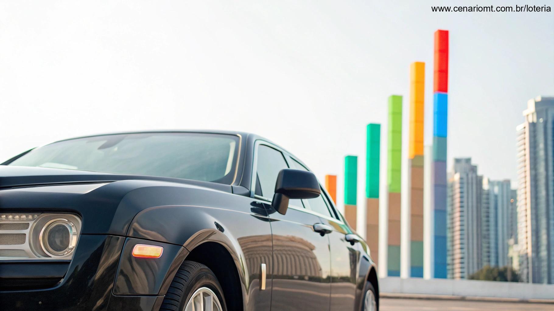 Carro de luxo com gráficos coloridos ao fundo, ilustrando o resultado do concurso da Quina 6736