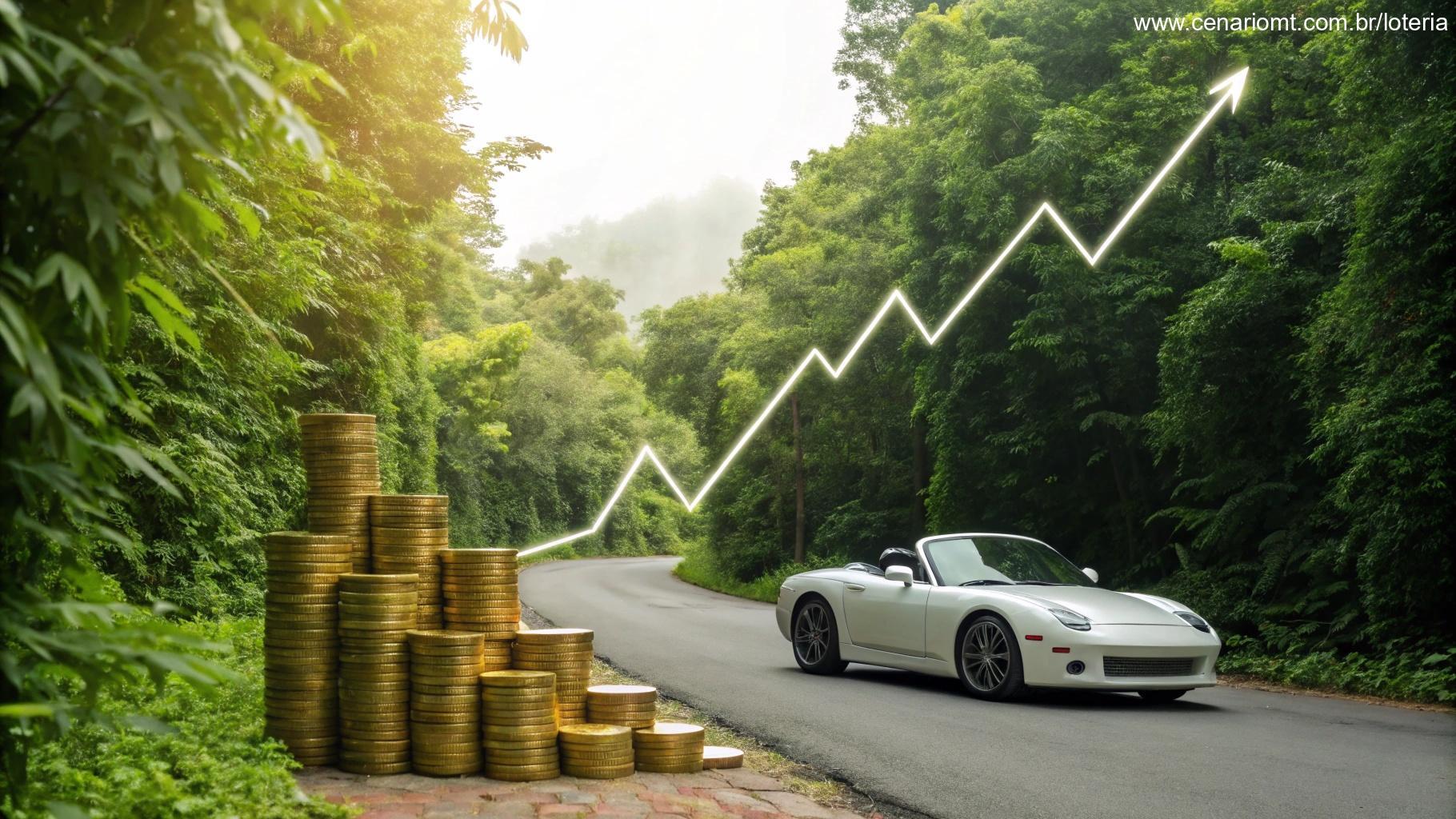 Carro esportivo próximo a moedas douradas com gráfico financeiro subindo ao fundo