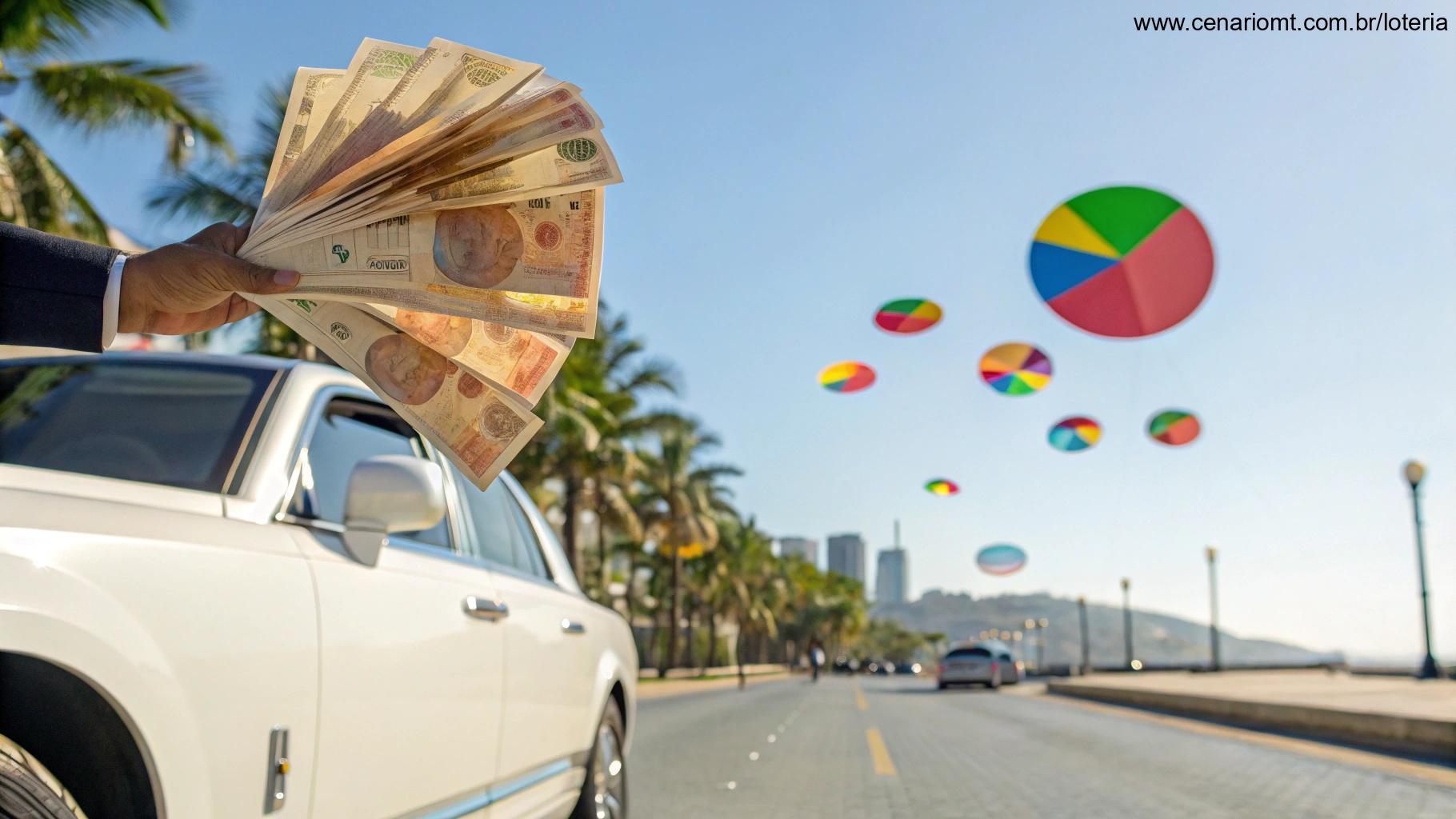 Notas de dinheiro voando com carro de luxo e gráficos representando o concurso da Super Sete 687
