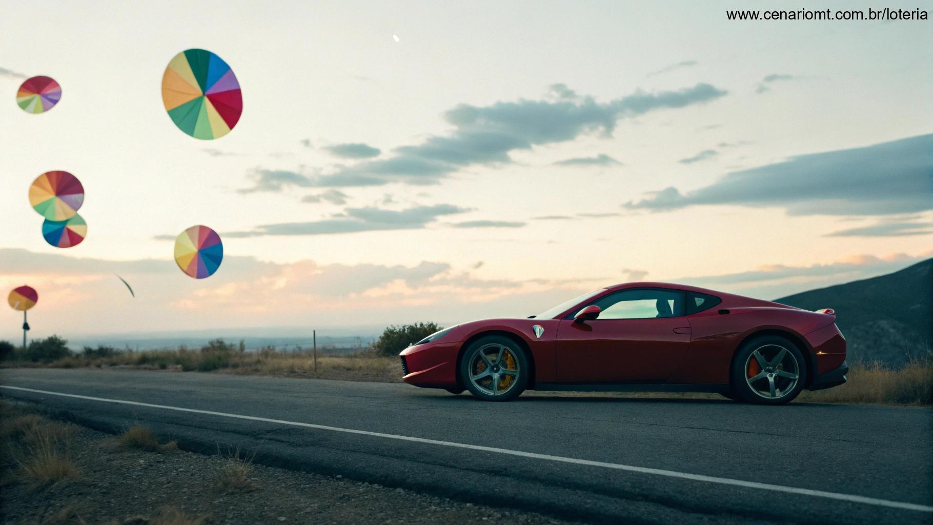 Carro esportivo vermelho com gráficos de pizza flutuando ao fundo, ilustrando o resultado do concurso da Super Sete 694