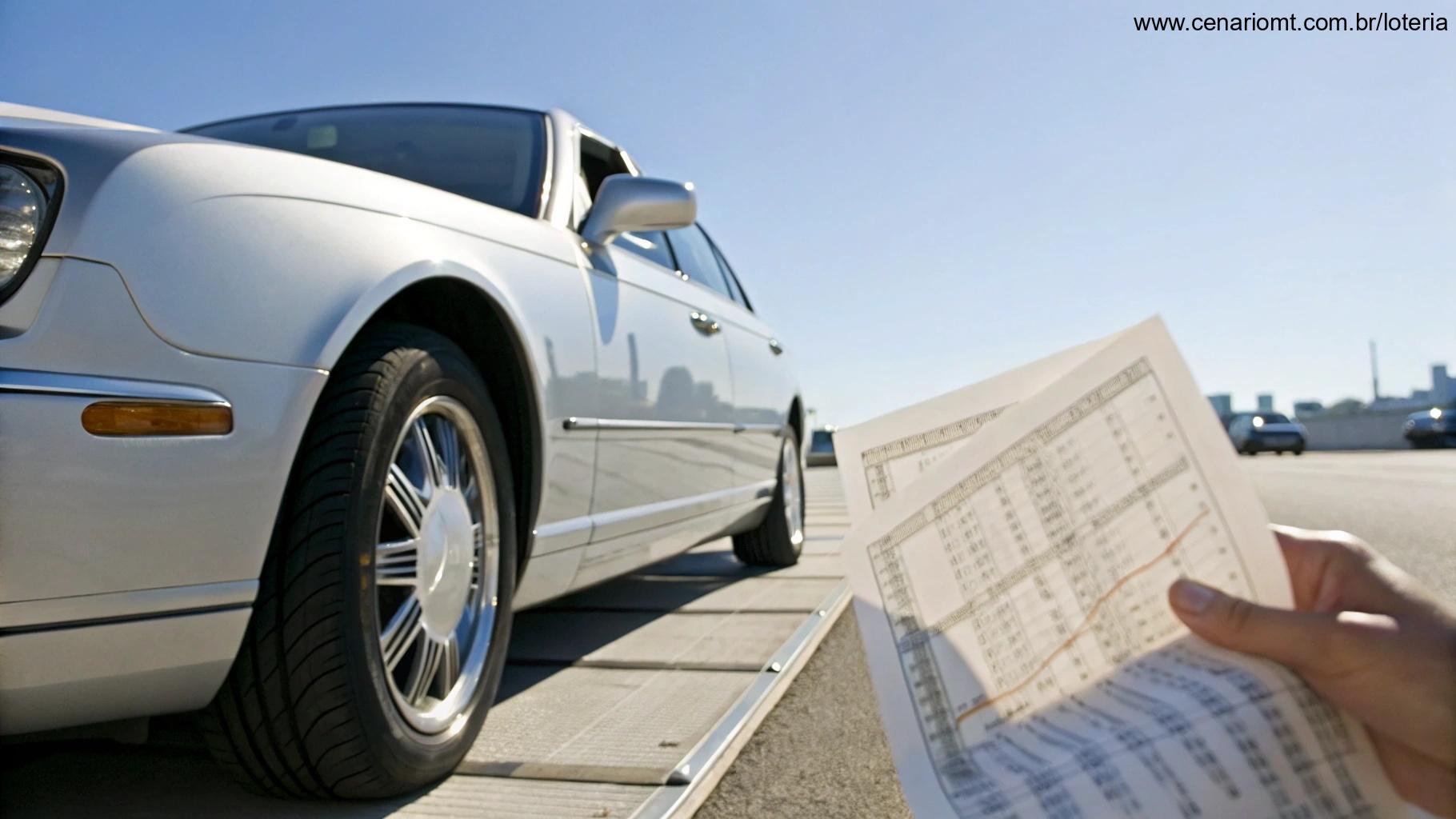 Carro de luxo próximo a bilhete premiado da Super Sete com gráficos ao fundo