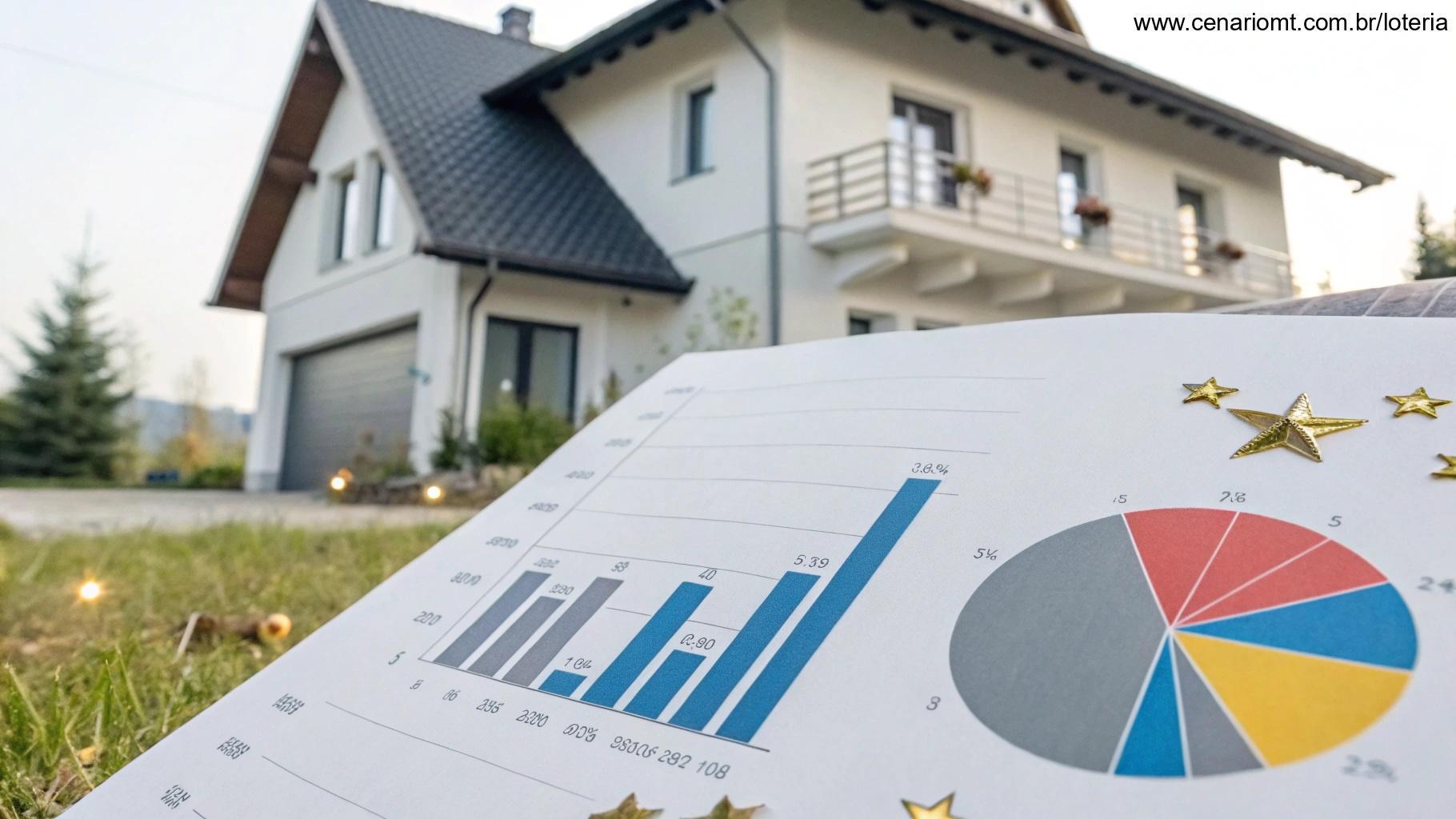 Gráficos detalhados em barras e pizza com números da loteria destacados, casa moderna ao fundo representando prêmios, símbolos sutis de sorte como estrelas, estilo limpo e informativo