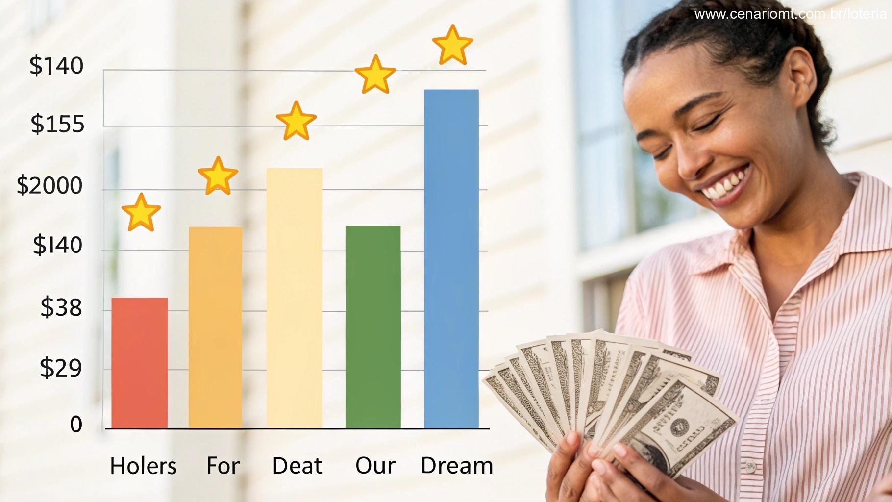 Gráfico detalhado mostrando as estatísticas de prêmios da Super Sete, com uma pessoa sorrindo ao lado de dinheiro e símbolos de sorte.