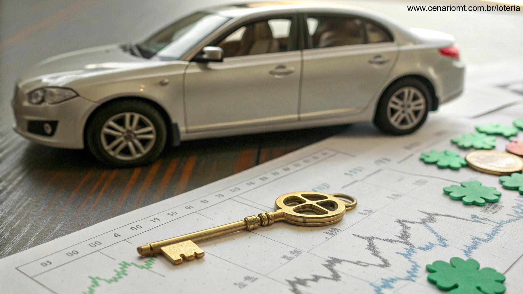 Chave dourada com carro novo, bilhete da Timemania e gráficos ao fundo